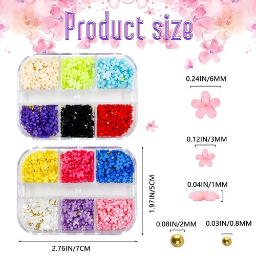 2 Boxes 3D Flower Nail Charms for Acrylic Nails,12 Colors 3D Nail Flowers Rhinestone with Gold Silver Pearl Caviar Beads,Spring Flower Mixed Nail Art Craft Design DIY Nail Decoration for Women Girls