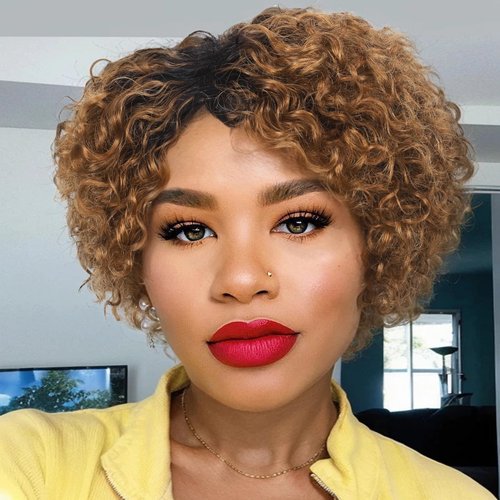 WIGER Ombre Blonde Glueless Side Part Kinky Curly Human Hair Wig Short Curly Human Hair Wigs for Black Women Natural Hairline Pixie Curly Bob Wig None Lace Frontal Deep Curly Hair