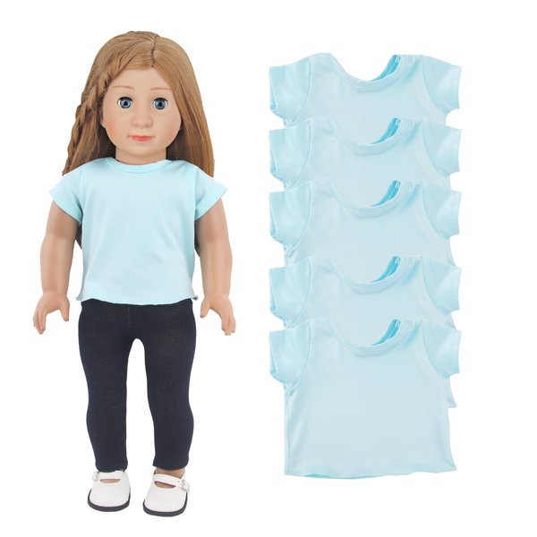 AugFrog 5 Pcs Doll T-Shirts for 18 Inch Dolls, Summer Outfit Doll Clothes Doll Accessories, Short Sleeved T-Shirts Classical Tee Fit for 18 Inch Doll (Blue)