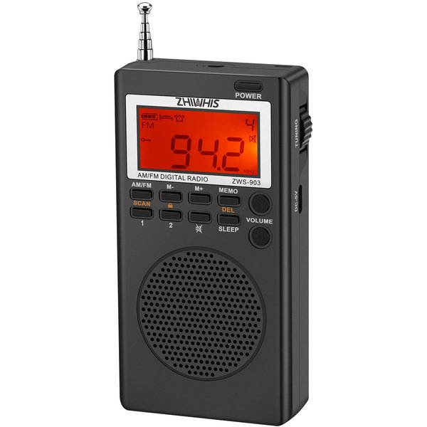 ZHIWHIS Portable Radio, AM FM Stereo Receiver, DSP Small Pocket Radios Operated by AA Batteries, Digital Clock/Presets/Start Timer/Sleep Timer for Walking/Running ZWS-903