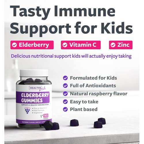 Elderberry Gummies for Kids with Vitamin C & Zinc (3 Months Supply) 90 Delicious Raspberry Flavor Gummy - Immune Support Supplement for Children - Vegetarian Sambucus Elderberry Gummies (No Pills)