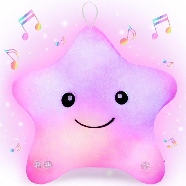 Subao Sensory Toys for Kids,14" Toddler Pillow with Light & Music,Twinkle Plush Star Night Light Cushion Autism Sensory Toys for Toddlers Age 3 4 5 6 7 8 9 10,Birthday Xmas Gifts for Boys Girls Pink