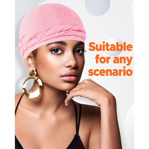 BEACE Silk Satin Lined Pre-Tied Turban Durag Head Wrap for Men & Women, Halo Turban Skull Cap Bonnet Hair Cover for Sleeping Pink