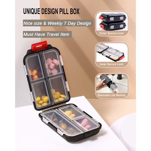 2PS Weekly Pill Organizer Small Folding Box 7 Day BPA-Free Daily Pill Container Foldable Travel Pill Case with Lock Pill Holder， Medicine Organizer for Purse Pocket to Store Vitamin Etc (Black)