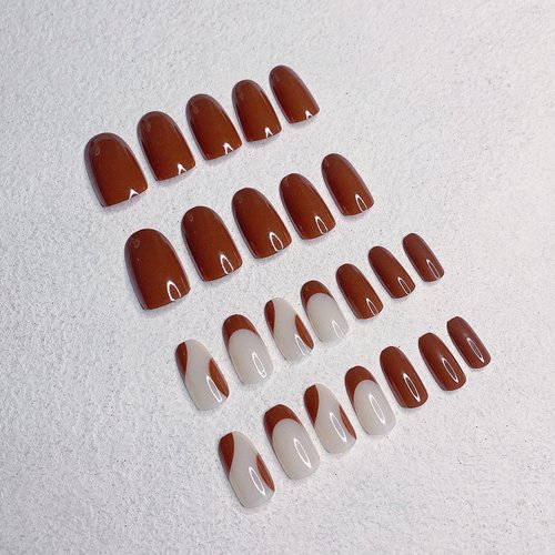 24 Pcs Press on Nails, Sunjasmine Fake Nails with Designs, Acrylic Nails False Nails with Nail Glue for Women (Medium Brown)