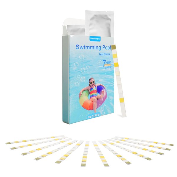 Hankmore 7 in 1 Pool Test Strips 100 Counts Swimming Pool Hot Tub Spa Water Quality Testing for Total Chlorine/Free Chlorine/Bromine/Total Hardness/pH/Cyanuric Acid/Total Alkalinity