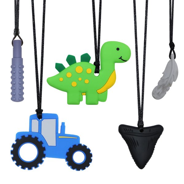 Chew Necklace for Sensory Kids, 5 Pack Chewy Necklaces for Boys and Girls with Autism ADHD SPD and PICA,Fidget Necklaces for Adults, Chewable Silicone Pendants for Reducing Fidget
