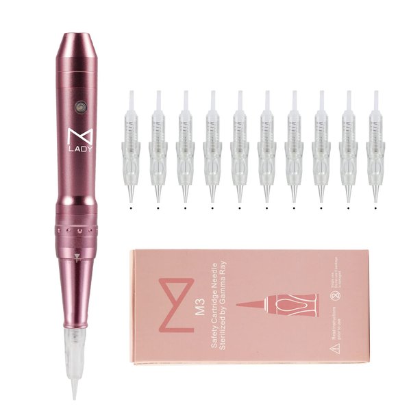 M LADY Professional Wireless/Cordless Permanent Makeup Machine - Built In Lithium Battery - Ombre Powder Brows Microblading Eyeliner Lip Blushing Microshading Supplies Kit Rotary Pen (Machine, Pink)