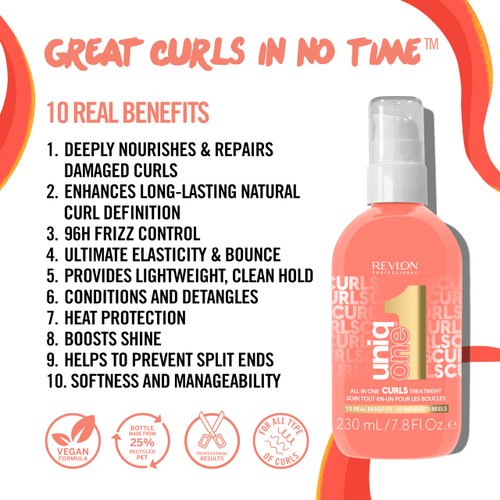 UniqONE REVLON PROFESSIONAL Curly Hair Leave-in Treatment – Multi-benefit hair treatment for curly hair, wavy and coily hair, 7.8 Fl Oz (Pack of 1)