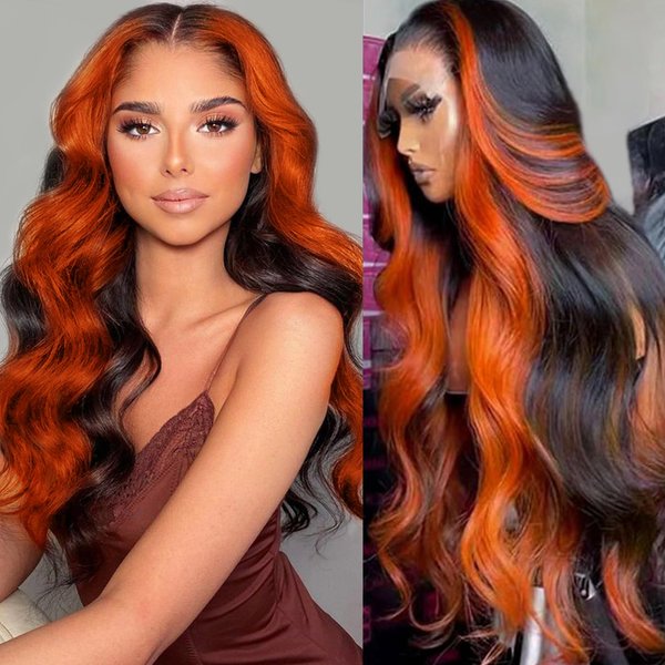 GAIWAC Ginger 13x6 Lace Front Wigs Human Hair 200% Density Body Wave Colored Wigs Pre Plucked Highlight Ombre Ginger Orange Colored Wig HD Transparent Lace Frontal Wigs For Black Women 26 Inch