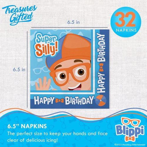 Treasures Gifted Officially Licensed Blippi Birthday Party Napkins - Pack of 32 Blippi Napkins - Blippi Party Supplies Napkins - Blippi Birthday Party Supplies - Blippi Decorations