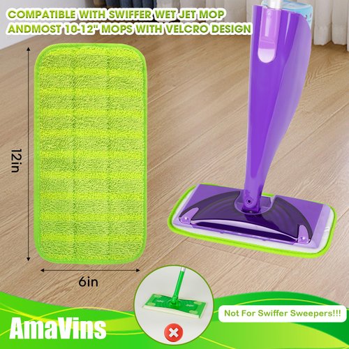 AmaVins 3 Pack Reusable Mop Pads for Swiffer WetJet Mops, Wet Jet Pads Refills, 12 inch Washable Microfiber Mop Pads Up to 100+ Floor Cleaning for Floor Cleaning Wet Dry Use for Any Floor Types