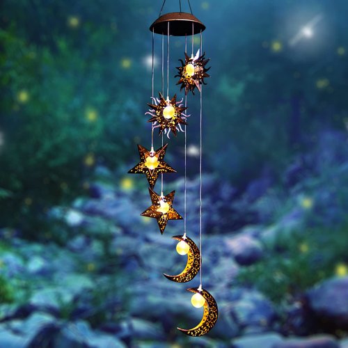 Tryme Solar Powered Wind Chimes with Sun Moon Star Warm LED Windchimes Hanging Outdoor Lights Unique Decor Gifts for Wife Mom Grandma Neighbors