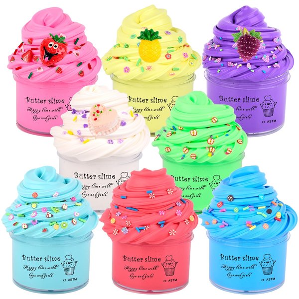 Butte Slime Kit Mini 8 Pack Party Favor for Kids,Strawberry, Grape, Pineapple Cake Charms,Color and Texture Experience,Stress Relief Toy for Girls and Boys