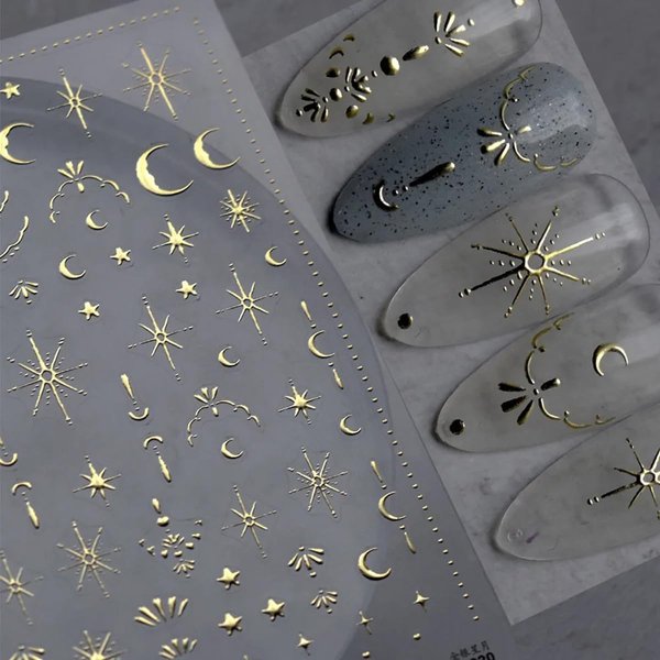 Moon Star Nail Art Stickers Decals 3D Gold Bronzing Nail Stickers Laser Star Moon Luxury Nail Design Self-Adhesive Nail Decals Manicure Sliders for Women Girls DIY Nail Art Decorations Supplies