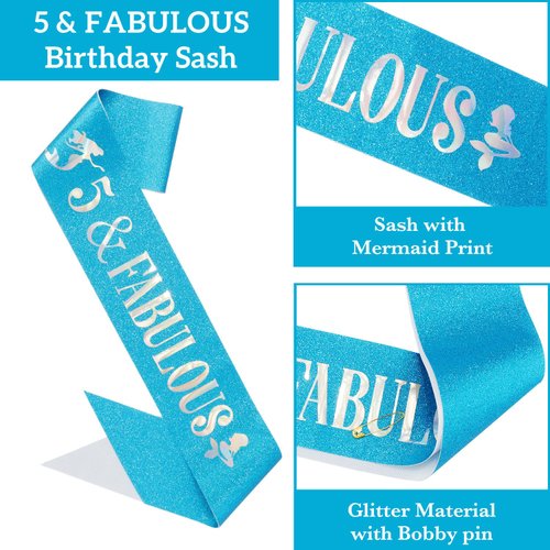 Didder 5th Mermaid Theme Birthday Party Sash and Crown Outfit for Little Girls Ocean Themed Birthday Party Decorations for Girls