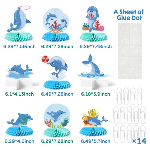 HoiSumma 9 Pcs Dolphin Party Decorations Honeycomb Centerpieces Blue Under the Sea Ocean Animal Coral Themed 3D Table Toppers Decor Cute Underwater Party Supplies for Kids Birthday Baby Shower