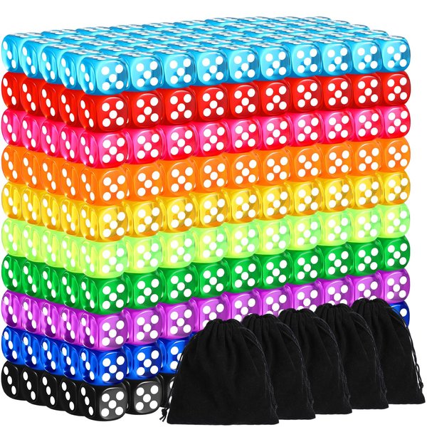 Simgoing 500 Pieces Colored Dice Set 12mm 6 Sided Bulk Dice with 5 Pieces Drawstring Pouches Mini Dice Bulk for Board Dices Game Classroom Teaching Math Learning, 10 Color(Classic Color)