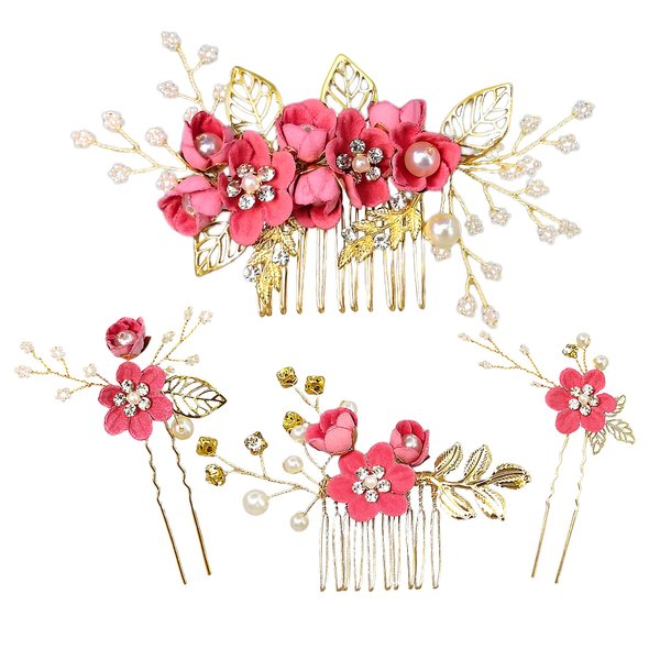 4 PCS Flower Hair Comb Flower Girl Hair Pin Fuschia Metal Leaves Bride Bridesmaids Birthday Prom Party Summer Hair Piece Heaspiece
