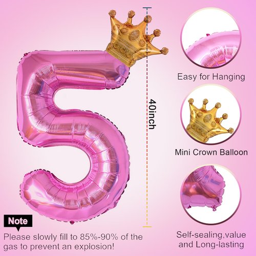 40 Inch Hot Pink Number 5 & Mini Crown Balloon for Birthday Party Decorations, 5th Birthday Party Decorations, Baby Shower Anniversary Balloons Decorations Supplies