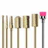 MelodySusie Nail Drill Bits Set, 7pcs Tungsten Carbide Nail Bits for Nail Drill E-file, 3/32 inch Bits Manicure Pedicure Remover Tools for Acrylic Gel Nails, Salon Home Nail Care Supplies, Gold