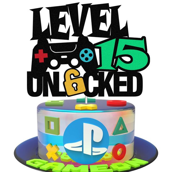 Level 15th Unlocked Sign Cake Topper Happy 15th Birthday Level Up Tenth Cake Decorations for Video Game Controller Themed Kids Boy Girl Bday Party Supplies Double Sided (15th)