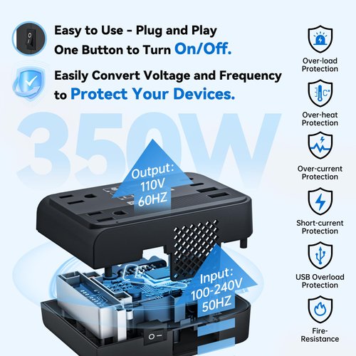 DOACE 220V to 110V Converter 350W Voltage Converter US to Europe for Hair Straightener/Curling Iron Converter for European Travel with 4-Port USB Charging and UK/AU/US/EU Worldwide Plug Adapter
