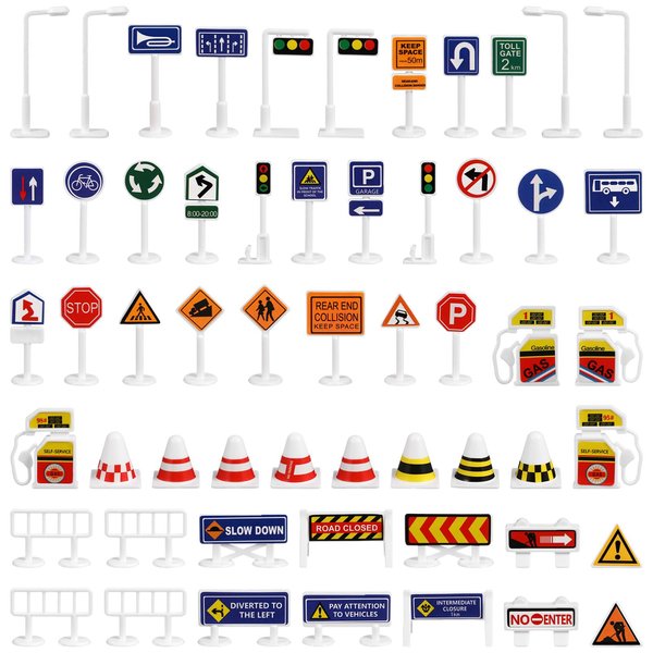 NUOBESTY 56 Pcs Barricade Toys Road Tape Traffic Light Toy Car Garage Traffic Road Toy Traffic Signs Wooden Cars Micro Toys Road Construction Traffic Signs Props Miniature Plastic Child