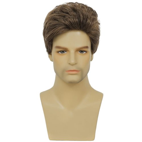 Swiking Mens Short Brown Wig Layered Synthetic Reality Hair 80s Costume Wigs Daily Replacement Wig for Male Guy (Brown)