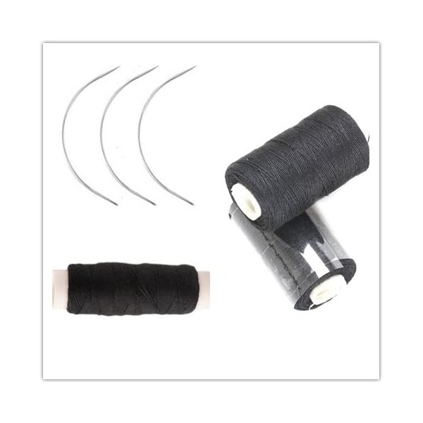 3 Rolls Cotton Sewing Thread Hair Weaving Thread Making Wig Hair Extension Hair Salon Weft Thread Black Brown Beige Thread with 3 Curved Needles (Black/3Pcs)