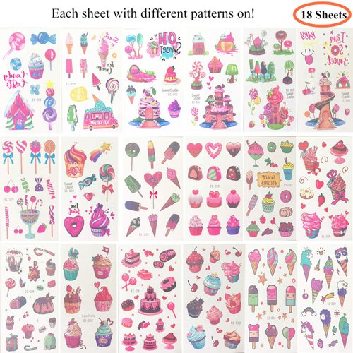 Oexper 18 Sheets of Dessert Temporary Tattoos Cartoon Rainbow Ice Cream Lollies Cookie Cake Heart Tattoo Stickers for Girls Boys Kids Adults – Great for Birthday Party Sweet Summer Party Supplies