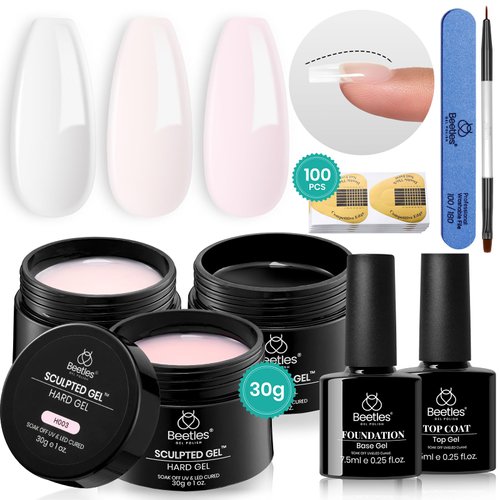 Beetles Builder Extension Gel for Nails, 10 in 1 30g *3 Colors Hard Gel Kit Sculpted Gel with Base & Top Coat, 100pcs Nail Forms, Nail Brush and Nail Files, Nail Art Manicure Set for DIY at Home