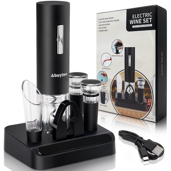 Abuytwo Electric Wine Opener Set, Automatic Corkscrew Remover One-click Rechargeable Wine Bottle Opener Kit with Foil Cutter Pourer Aerator Vacuum Stoppers for Wine Lovers Gift Christmas Home Party