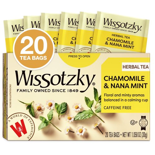 Wissotzky Chamomile Tea with Nana Mint, Herbal Tea, 20 Tea Bags | Caffeine Free | Soothing Blend | Sleep Support