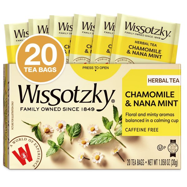 Wissotzky Chamomile Tea with Nana Mint, Herbal Tea, 20 Tea Bags | Caffeine Free | Soothing Blend | Sleep Support