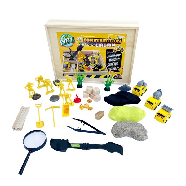 Construction Putty Explorers by DIY Jr Construction Sensory Kit with Work Vehicles, Explorer Sand, Plastic Tweezers, Rocks, Kids Magnifying Glass Creative Educational Toys for Preschoolers Sand Kit