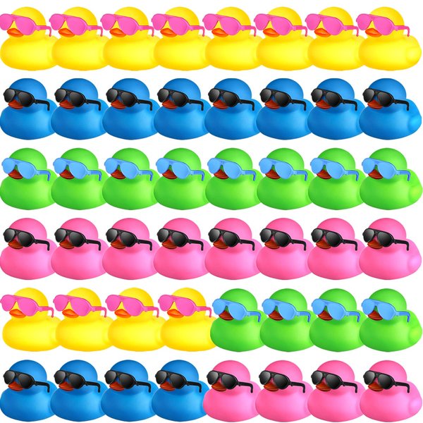 Chivao 48 Pcs Mini Rubber Ducks Bath Duck in Bulk 48 Sunglasses Toy Set Christmas Valentine Duck Gift Bath Toy Bathtub Toys for Gift Holiday Cruise Birthday Party Favor (Multicolor)
