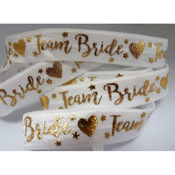 Fold Over Elastic - White with Gold Foil Team Bride Printed FOE - 5/8" Wide - 5 Yards - Great for Bridal Hair Ties, Gift Wrapping and Decorating!