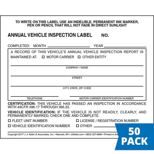 J. J. Keller 50-Pack, Annual Vehicle Inspection Label, 2-Ply Adhesive Vinyl, DOT Compliant