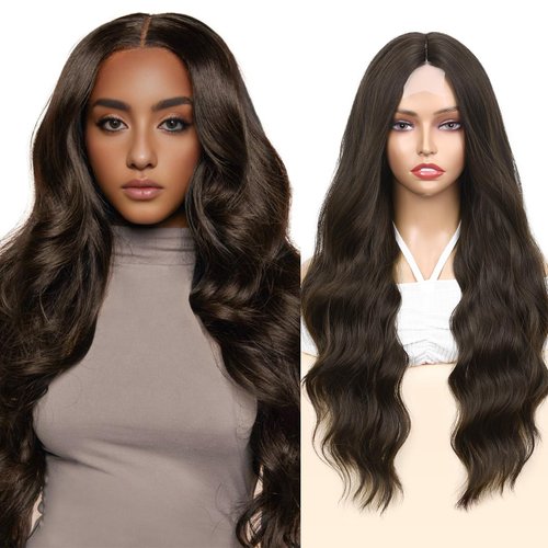 WIGNEE Long Wavy Wig Middle Part Dark Brown Wig 26 Inches Long Brown Wigs For White Women Natural Looking Brown Hair Wig Long Wigs For Women Daily Party Use(Dark Brown)