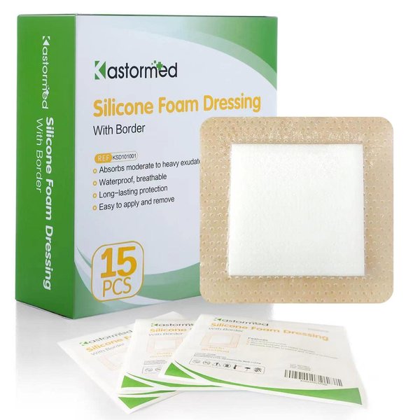 Silicone Adhesive Foam Dressing with Gentle Border 4"x4" 15 Pack, Painless Removal Highly Absorbent Bed Sore Wound Bandage for Leg Ulcer, Foot Diabetic Ulcer Wound Care