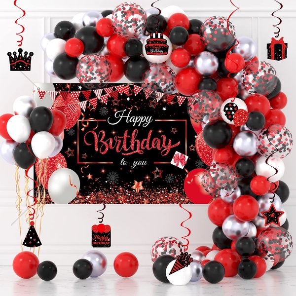 Red and Black Birthday Decorations, Red Black White Silver Balloons Arch Garland Kit with Happy Birthday Banner Backdrop, Hanging Swirls for Birthday Party Décor Supplies
