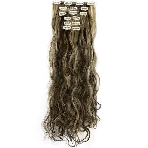 LELINTA 7Pcs 16 Clips 24 Inch Wavy Curly Full Head Clip in on Double Weft Hair Extensions Dark Brown Mix Ash Blonde