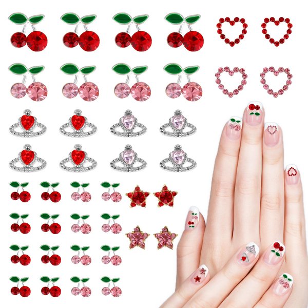 TIESOME Nail Charms Rhinestone, 40PCS Cherry Nail Art Gems Shiny Nail Jewelry Decorations Diamond Nail Ornament Acrylic Nail Accessories for Women Girl DIY Crafts Supplies