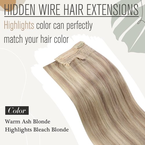 Sunny Wire Hair Extensions Blonde Highlights Wire Human Hair Extensions Pastel Pink Blonde Highlight Bleach Blonde Invisible Fish Line Hair Extensions Blonde for Women Hair Extension 80G 12Inch