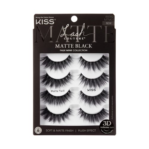 KISS Lash Couture 3D Matte False Eyelashes, Matte Twill', 14 mm, Includes 4 Pairs Of Lashes, Contact Lens Friendly, Easy to Apply, Reusable Strip Lashes