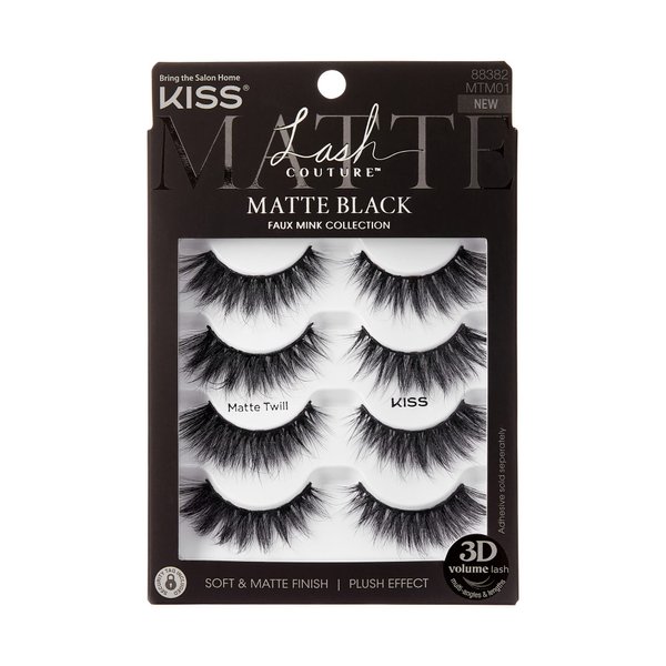 KISS Lash Couture 3D Matte False Eyelashes, Matte Twill', 14 mm, Includes 4 Pairs Of Lashes, Contact Lens Friendly, Easy to Apply, Reusable Strip Lashes