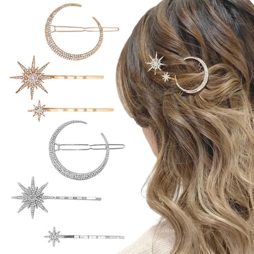 6 Pcs Vintage Star Moon Hair Clips Pin Metal Alloy Rhinestone Hair Clips Snowflake Star Bobby Pins Decorate Accessories for Girls Women