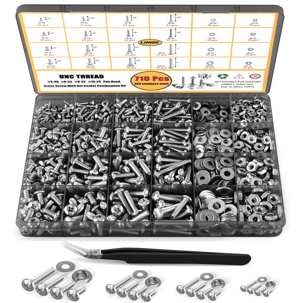 LJINGE 710Pcs Nuts and Bolts Assortment Kit, 4-40#6-32#8-32#10-24 Phillips Pan Head Assortment Stainless Steel Bolts Nuts Flat Washers Nuts Bolts with Case (Black)