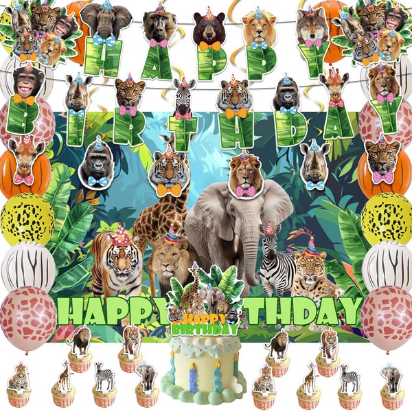 Jungle Safari Birthday Party Decorations - Safari Animals Birthday Banner, Backdrop, Cake, Cupcake Toppers, Hanging Swilrs, Balloons for Zoo Safari Animal Theme Party Supplies